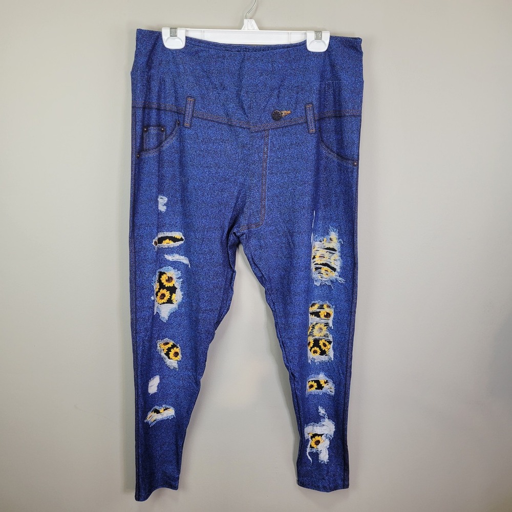 Dren Designs‎ Faux Distressed Denim Sunflower Accents Leggings Extended Size